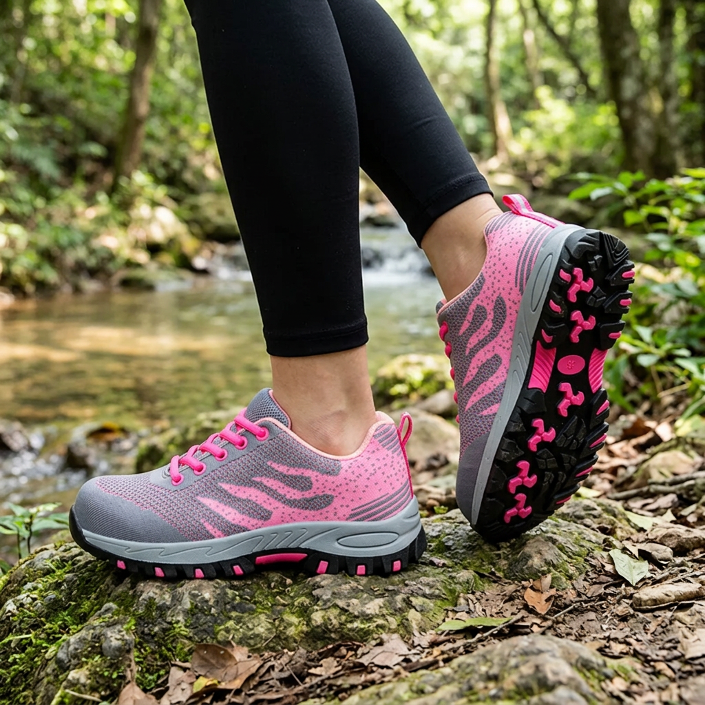 Comfortable Mesh Knit Trail Sneaker for Women with Lace Up Lug Sole Athletic Style