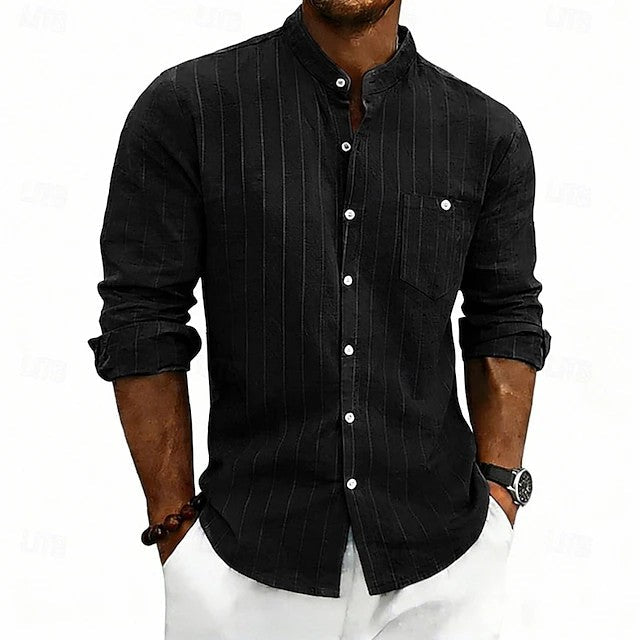 Effortless Striped Linen Shirt for Women with Band Collar Long Sleeve Chest Pocket Casual Style