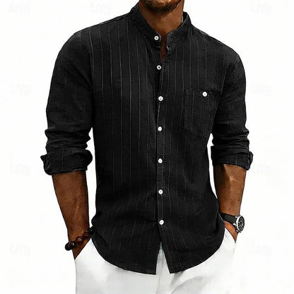Effortless Striped Linen Shirt for Women with Band Collar Long Sleeve Chest Pocket Casual Style