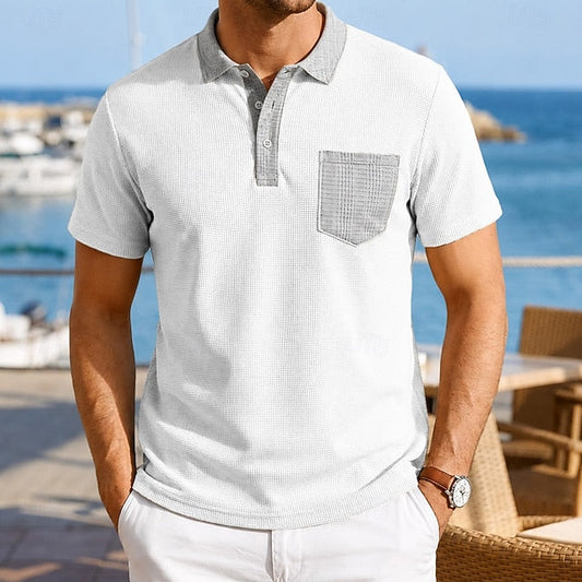 Effortless Waffle Knit Polo Shirt for Women with Contrast Collar Short Sleeve Chest Pocket Casual Style
