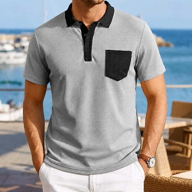Effortless Waffle Knit Polo Shirt for Women with Contrast Collar Short Sleeve Chest Pocket Casual Style
