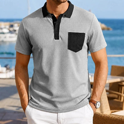 Effortless Waffle Knit Polo Shirt for Women with Contrast Collar Short Sleeve Chest Pocket Casual Style