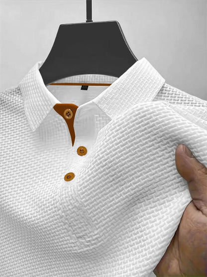 Effortless Textured Polo Shirt for Women with Spread Collar Long Sleeve Contrast Button Placket Casual Style