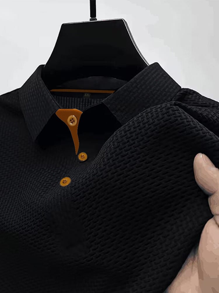 Effortless Textured Polo Shirt for Women with Spread Collar Long Sleeve Contrast Button Placket Casual Style