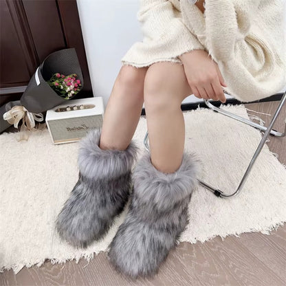 Comfortable Winter Shoes Women with Faux Fur Shaft Pull On Flat Sole Fluffy Boot Style