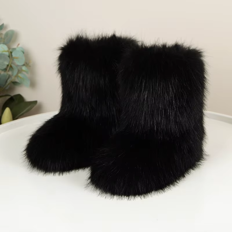 Comfortable Winter Shoes Women with Faux Fur Shaft Pull On Flat Sole Fluffy Boot Style