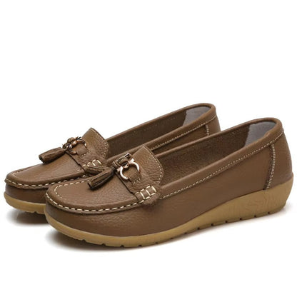 Comfortable Loafers for Women with Tassel Buckle Detail Moccasin Stitch Wedge Sole Style
