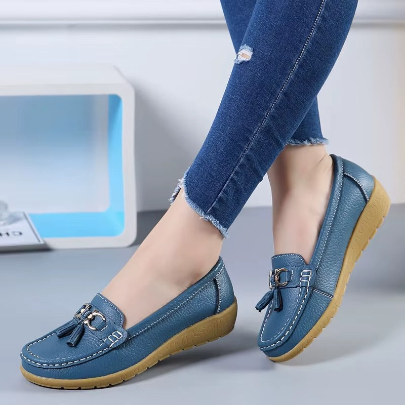 Comfortable Loafers for Women with Tassel Buckle Detail Moccasin Stitch Wedge Sole Style