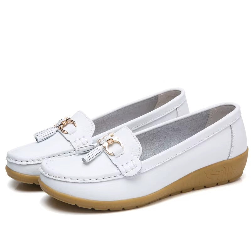 Comfortable Loafers for Women with Tassel Buckle Detail Moccasin Stitch Wedge Sole Style