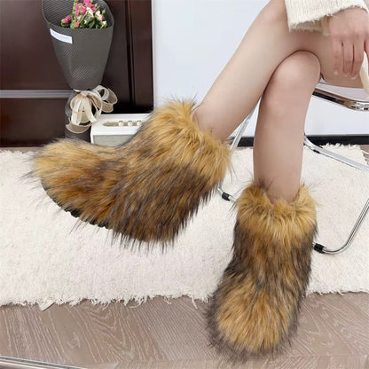 Comfortable Winter Shoes Women with Faux Fur Shaft Pull On Flat Sole Fluffy Boot Style