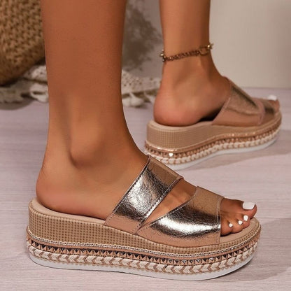 Comfortable Brown Sandals for Women with Twin Metallic Strap Espadrille Platform Slide Style