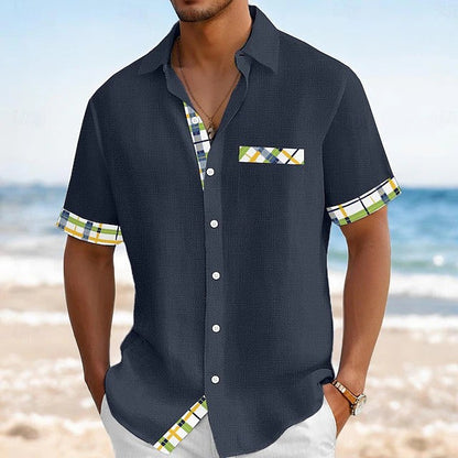 Effortless Plaid Trim Button Up Shirt for Women with Collar Short Sleeve Chest Pocket Casual Style