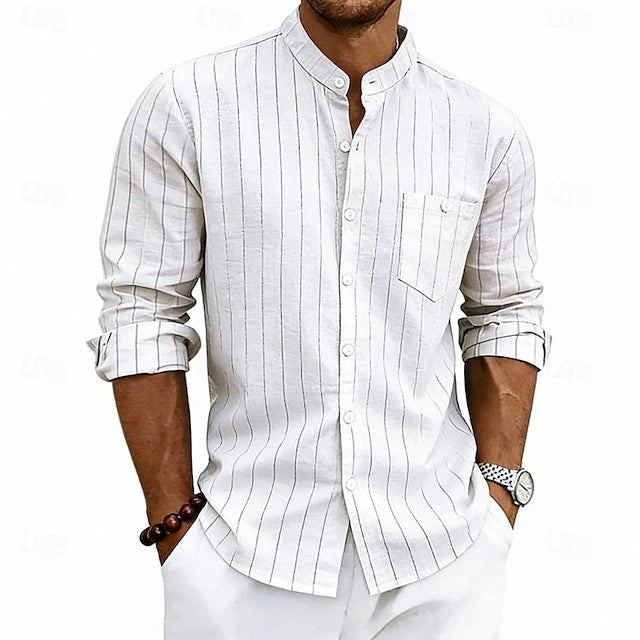 Effortless Striped Linen Shirt for Women with Band Collar Long Sleeve Chest Pocket Casual Style