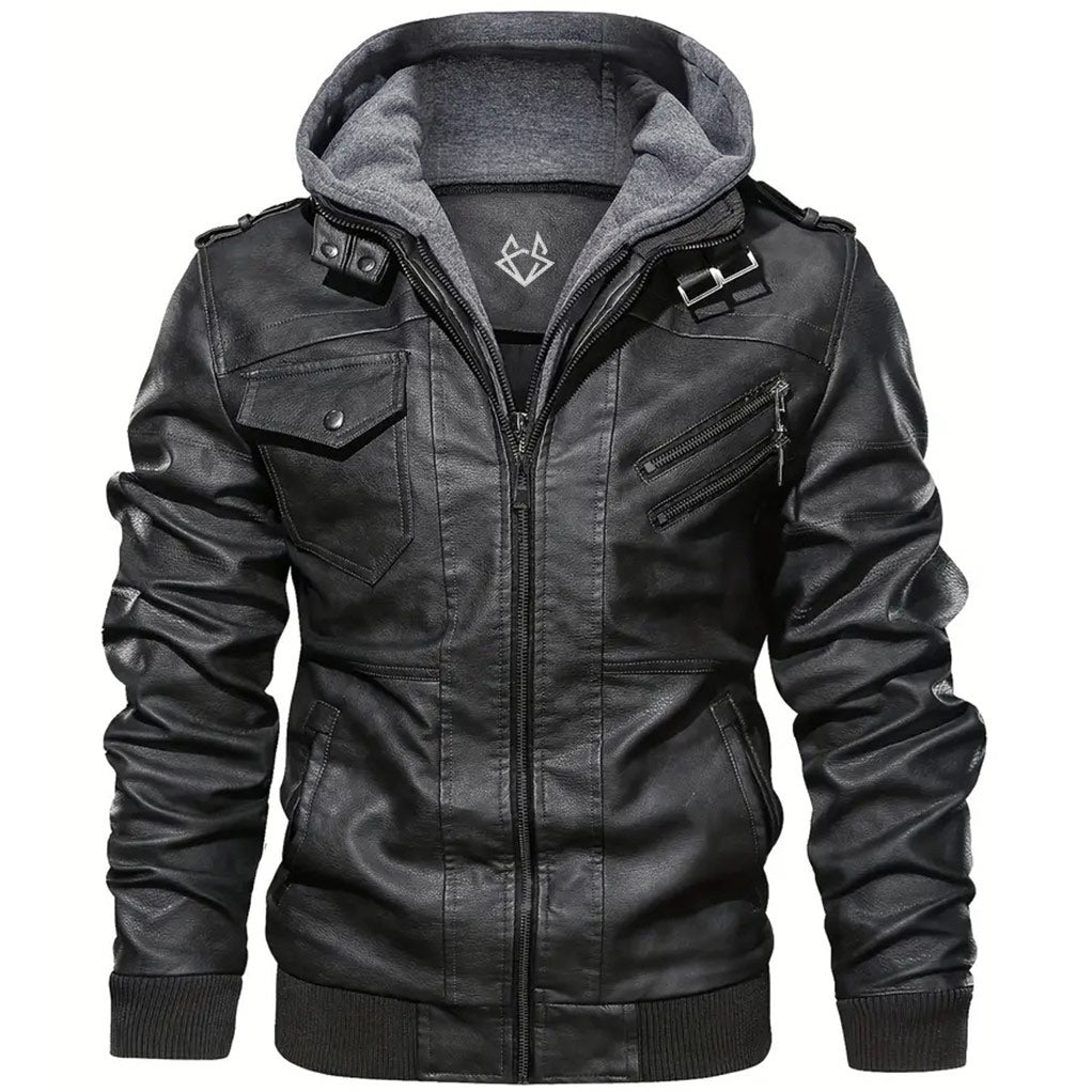 Effortless Black Leather Jacket for Women with Hooded Collar Long Sleeve Zip Pocket Moto Style