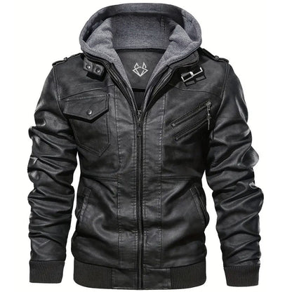 Effortless Black Leather Jacket for Women with Hooded Collar Long Sleeve Zip Pocket Moto Style