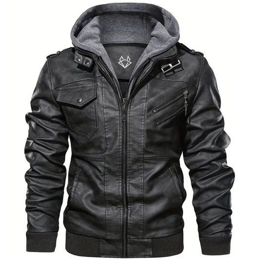 Effortless Black Leather Jacket for Women with Hooded Collar Long Sleeve Zip Pocket Moto Style