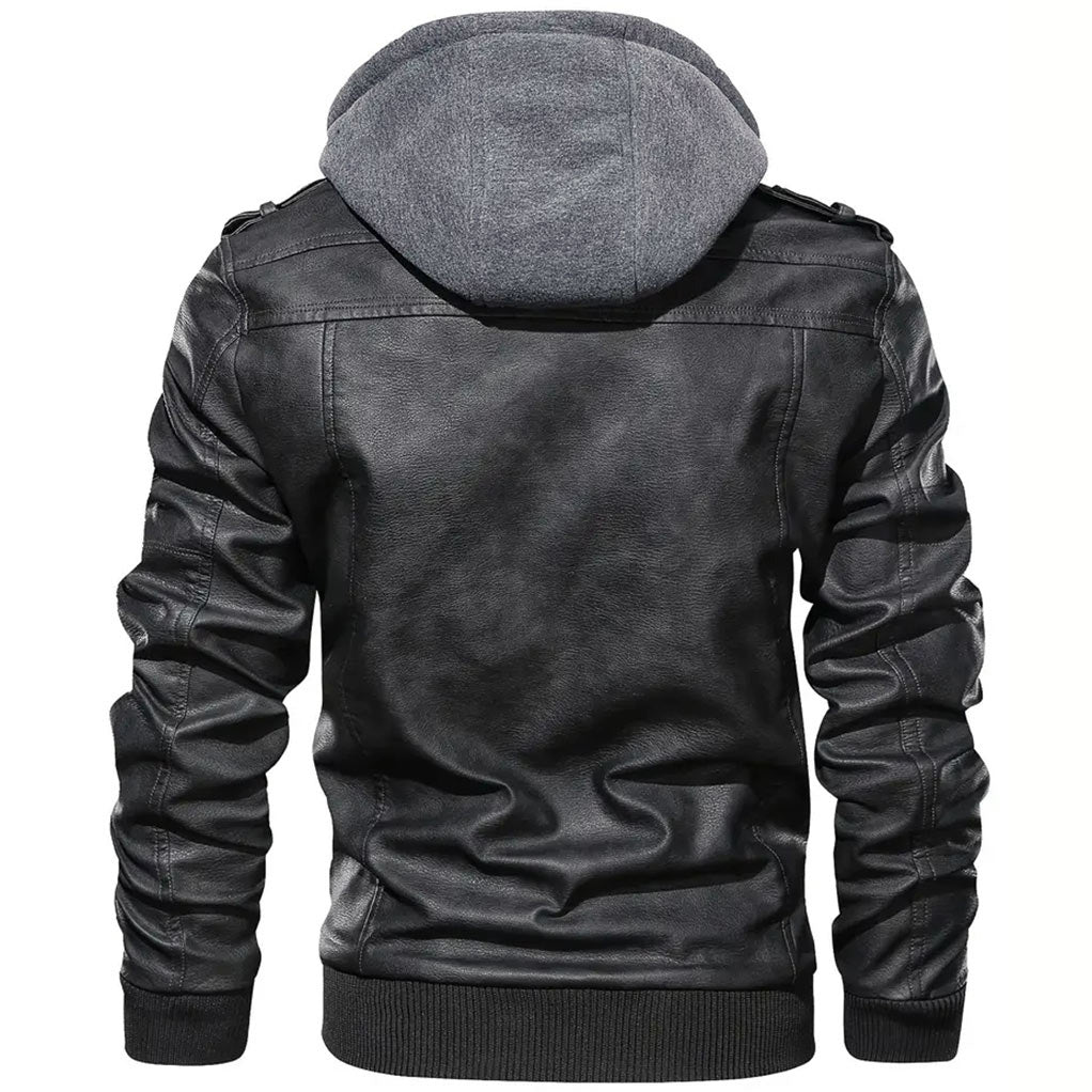 Effortless Black Leather Jacket for Women with Hooded Collar Long Sleeve Zip Pocket Moto Style