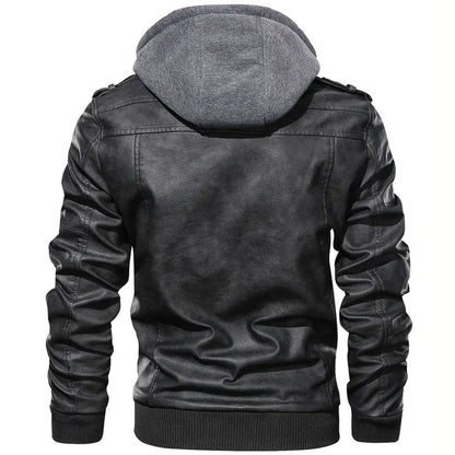 Effortless Black Leather Jacket for Women with Hooded Collar Long Sleeve Zip Pocket Moto Style