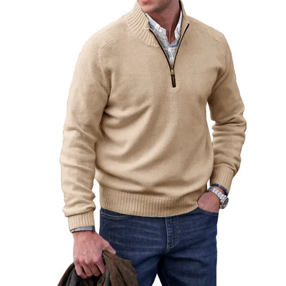 Comfortable White Knit Quarter Zip Sweater for Women with Mock Neck Long Sleeve Ribbed Trim Relaxed Style