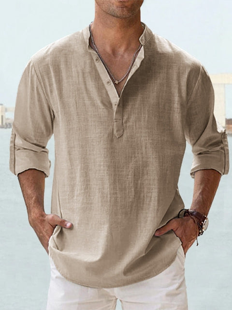 Effortless Linen Shirt for Women with Band Collar Long Sleeve Button Placket Relaxed Style