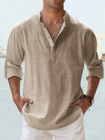 Effortless Linen Shirt for Women with Band Collar Long Sleeve Button Placket Relaxed Style