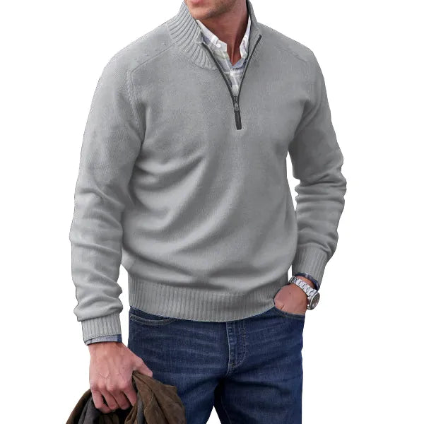 Comfortable White Knit Quarter Zip Sweater for Women with Mock Neck Long Sleeve Ribbed Trim Relaxed Style