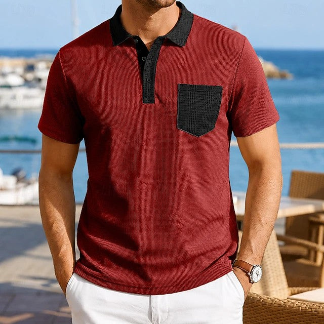 Effortless Waffle Knit Polo Shirt for Women with Contrast Collar Short Sleeve Chest Pocket Casual Style