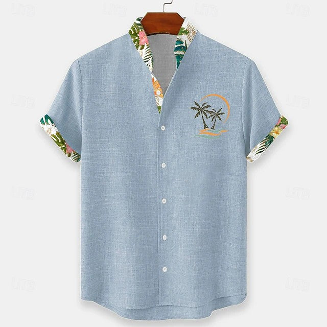Effortless Tropical Print Linen Shirt for Women with Camp Collar Short Sleeve Contrast Trim Button Front Casual Style