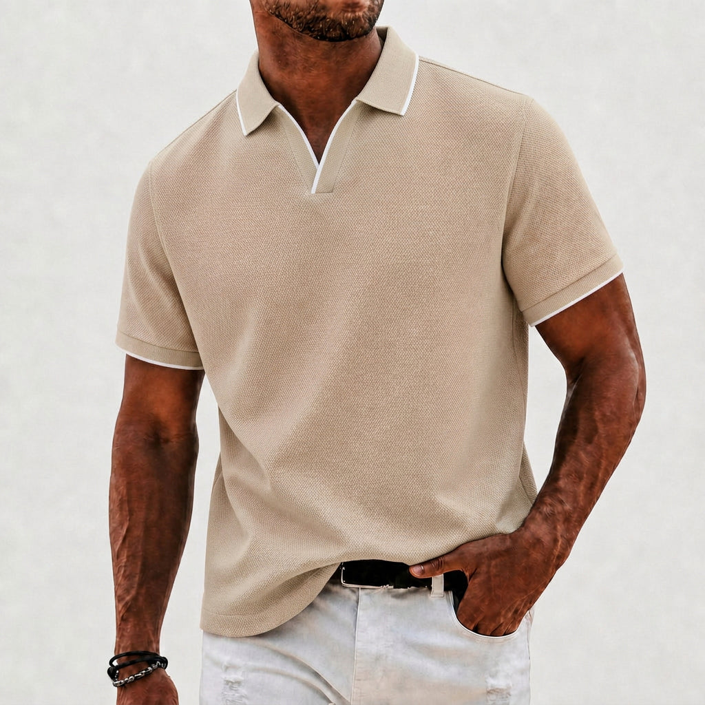 Effortless Textured Knit Polo Shirt for Women with V Neck Short Sleeve Contrast Trim Relaxed Style