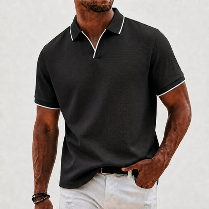 Effortless Textured Knit Polo Shirt for Women with V Neck Short Sleeve Contrast Trim Relaxed Style