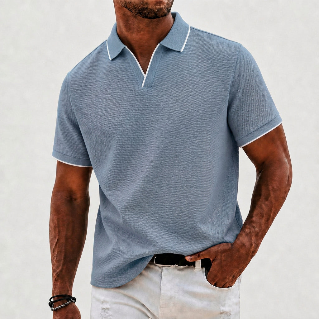Effortless Textured Knit Polo Shirt for Women with V Neck Short Sleeve Contrast Trim Relaxed Style