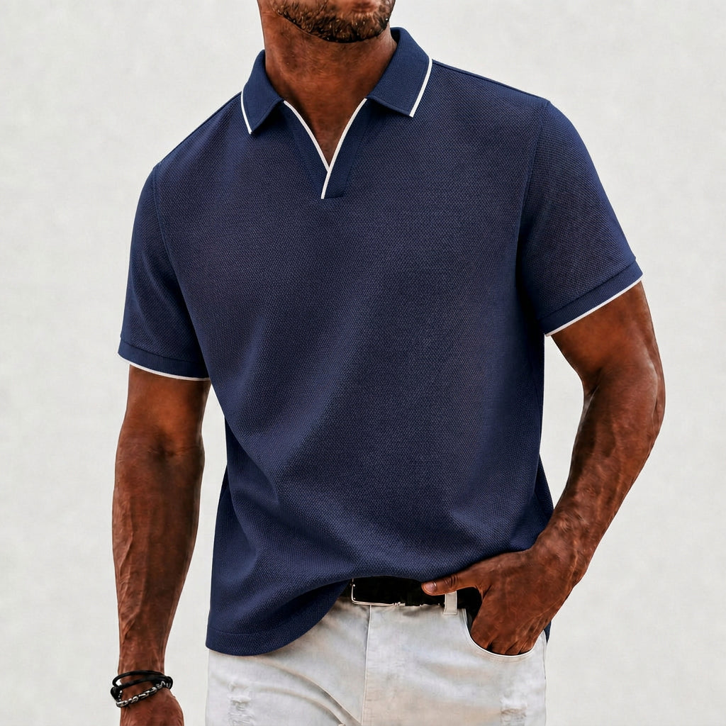 Effortless Textured Knit Polo Shirt for Women with V Neck Short Sleeve Contrast Trim Relaxed Style