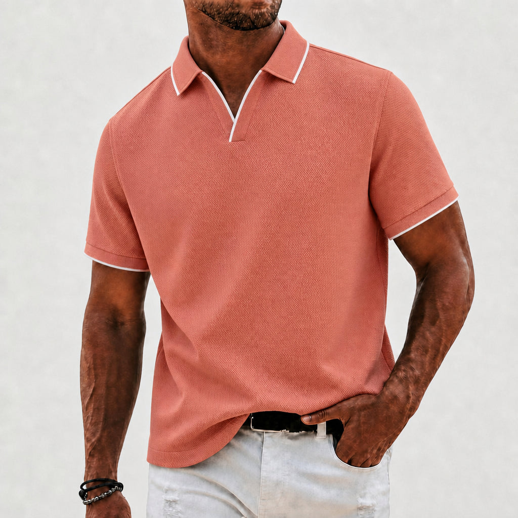 Effortless Textured Knit Polo Shirt for Women with V Neck Short Sleeve Contrast Trim Relaxed Style