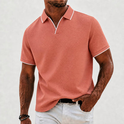 Effortless Textured Knit Polo Shirt for Women with V Neck Short Sleeve Contrast Trim Relaxed Style