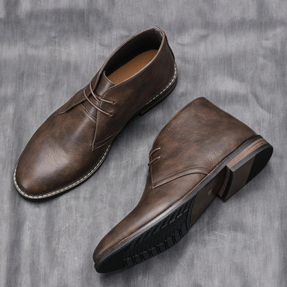 Effortless Dark Brown Leather Chukka Boot for Women with Lace Up Round Toe Stacked Heel Casual Style