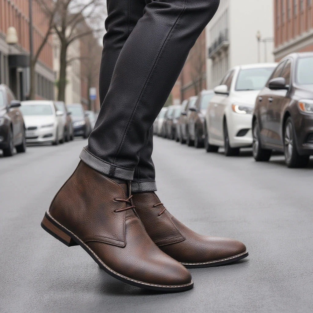 Effortless Dark Brown Leather Chukka Boot for Women with Lace Up Round Toe Stacked Heel Casual Style
