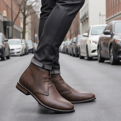 Effortless Dark Brown Leather Chukka Boot for Women with Lace Up Round Toe Stacked Heel Casual Style