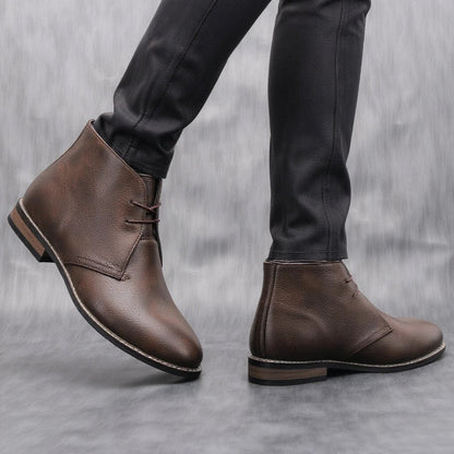 Effortless Dark Brown Leather Chukka Boot for Women with Lace Up Round Toe Stacked Heel Casual Style