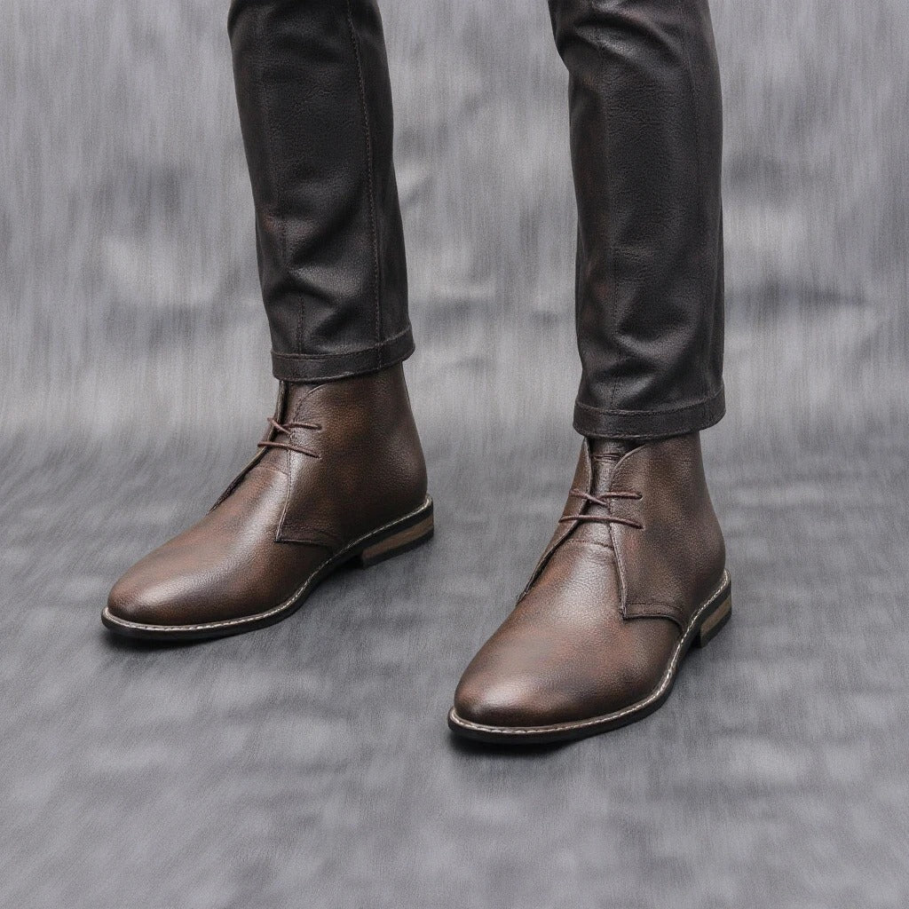 Effortless Dark Brown Leather Chukka Boot for Women with Lace Up Round Toe Stacked Heel Casual Style