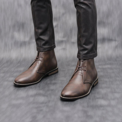 Effortless Dark Brown Leather Chukka Boot for Women with Lace Up Round Toe Stacked Heel Casual Style