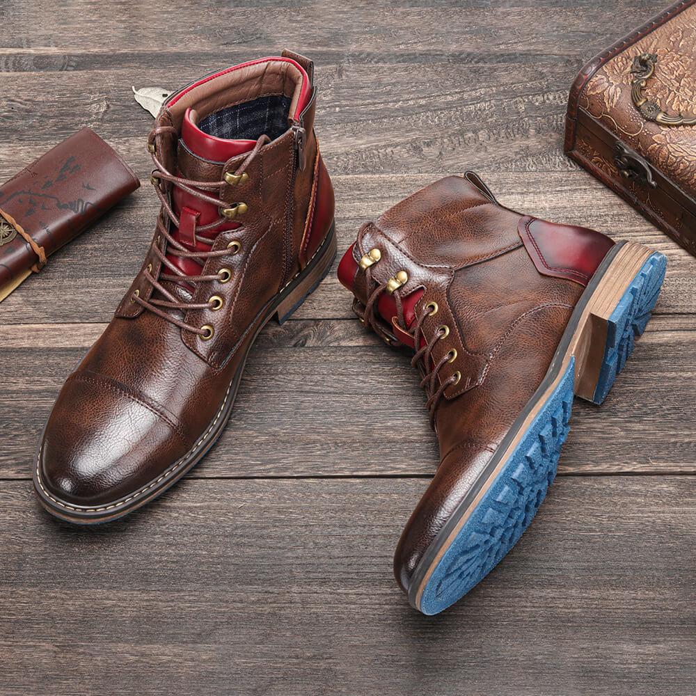 Stylish Brown Leather Combat Boot for Women with Cap Toe Lace Up Side Zip Style