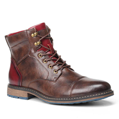 Stylish Brown Leather Combat Boot for Women with Cap Toe Lace Up Side Zip Style