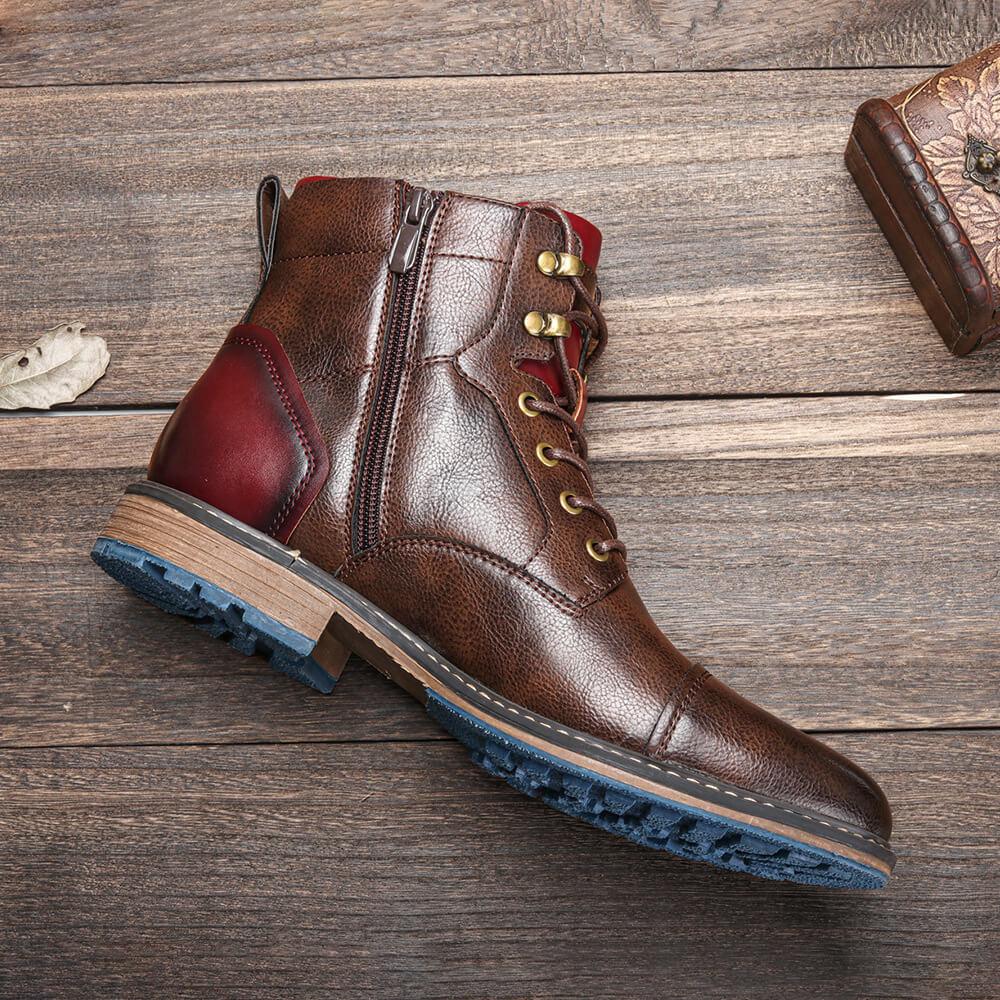 Stylish Brown Leather Combat Boot for Women with Cap Toe Lace Up Side Zip Style