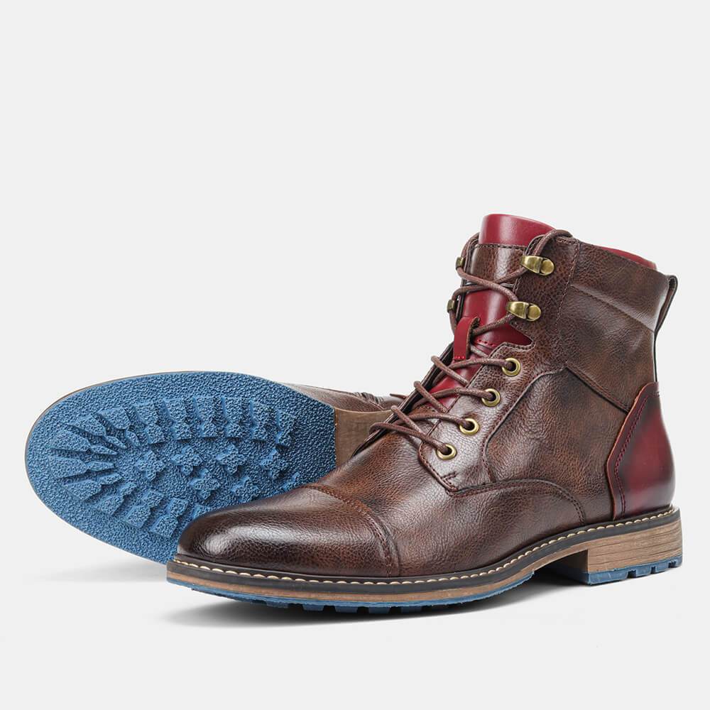 Stylish Brown Leather Combat Boot for Women with Cap Toe Lace Up Side Zip Style