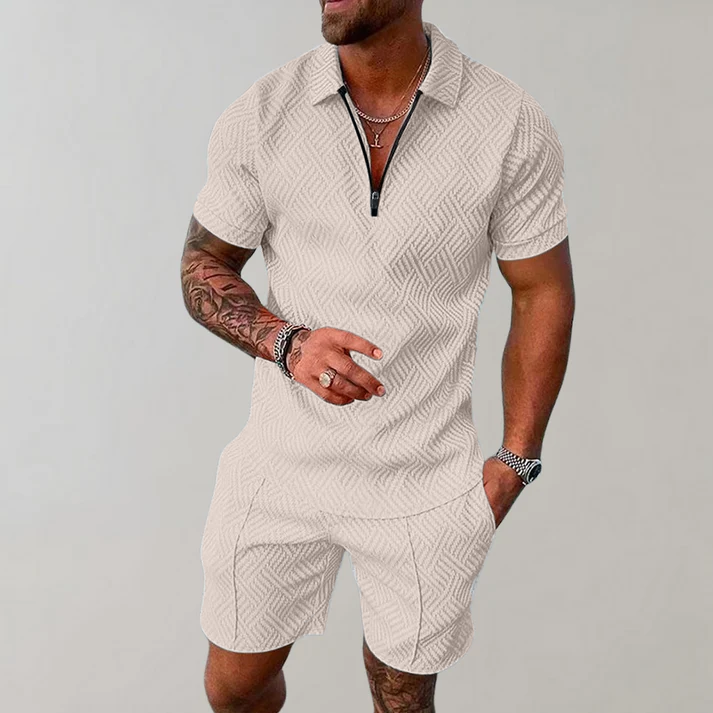 Effortless Textured Two Piece Set for Women with Collar Short Sleeve Zip Front Relaxed Casual Style