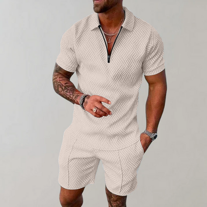 Effortless Textured Two Piece Set for Women with Collar Short Sleeve Zip Front Relaxed Casual Style