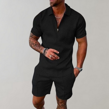Effortless Textured Two Piece Set for Women with Collar Short Sleeve Zip Front Relaxed Casual Style