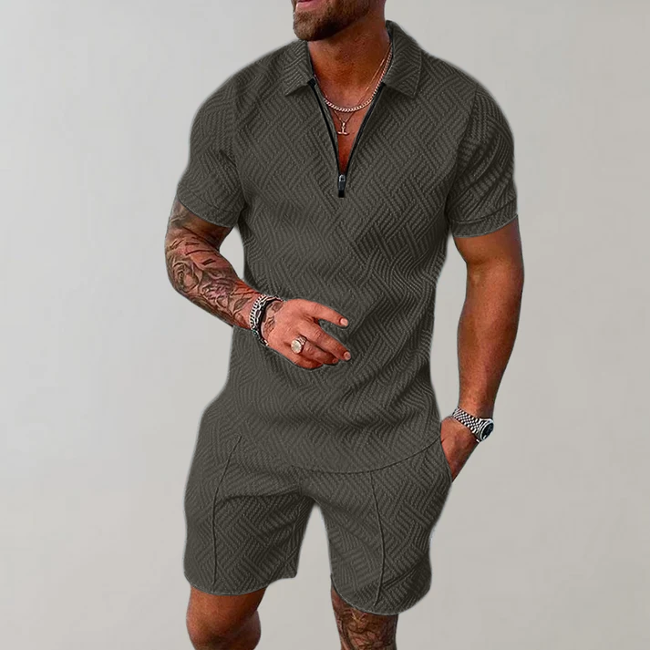 Effortless Textured Two Piece Set for Women with Collar Short Sleeve Zip Front Relaxed Casual Style