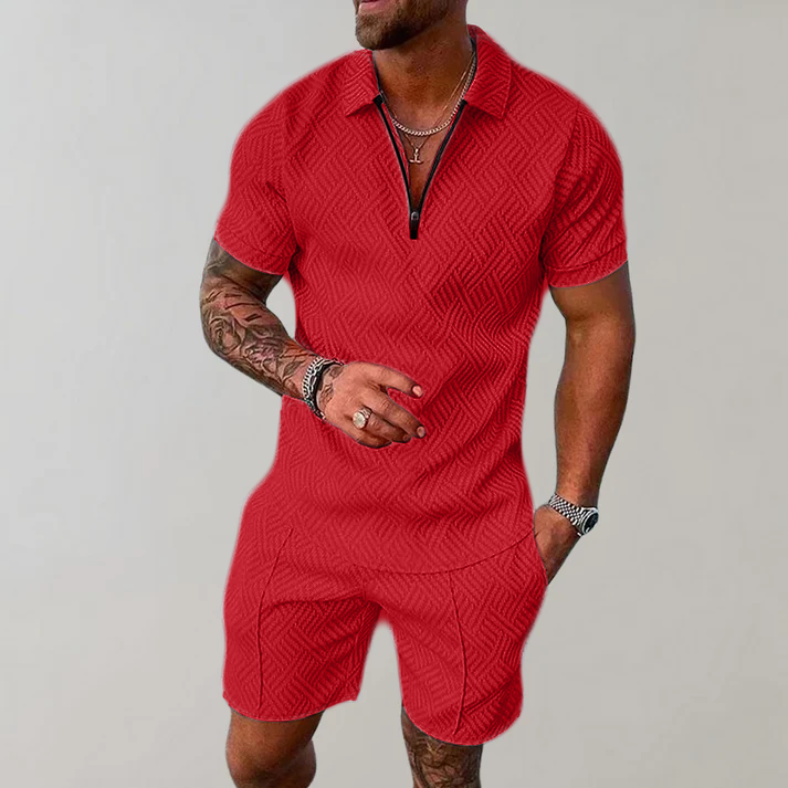 Effortless Textured Two Piece Set for Women with Collar Short Sleeve Zip Front Relaxed Casual Style