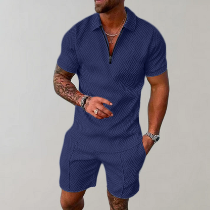 Effortless Textured Two Piece Set for Women with Collar Short Sleeve Zip Front Relaxed Casual Style